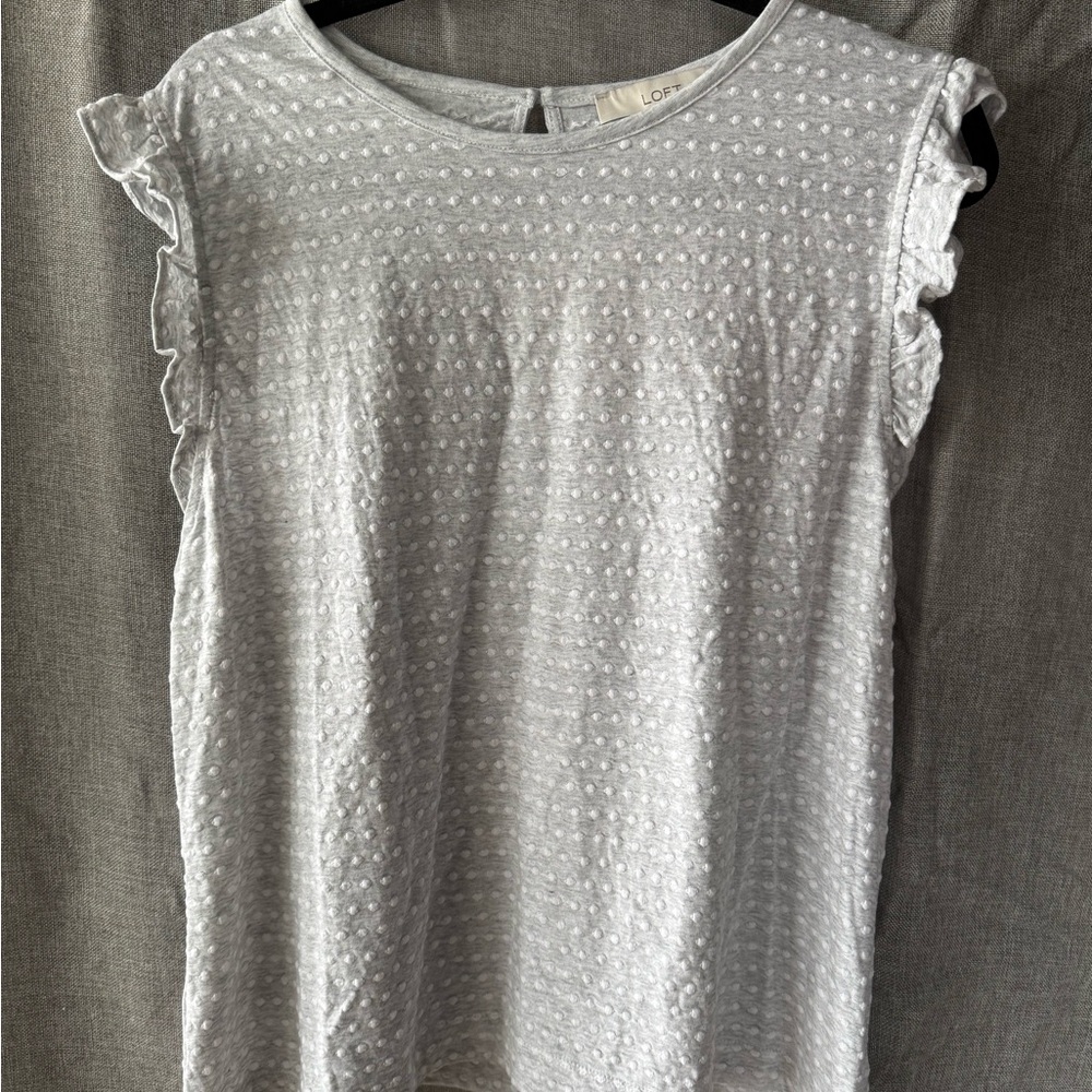 Loft Gray and White Polka Dot Ruffle Sleeve Top